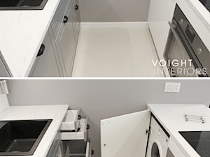 Zdjęcia z metamorfozy mieszkania 36m2 w Warszawie - Mała otwarta zamknięta szara z zabudowaną lodówką z nablatowym zlewozmywakiem kuchnia jednorzędowa dwurzędowa, styl nowoczesny - zdjęcie od Voight Interiors