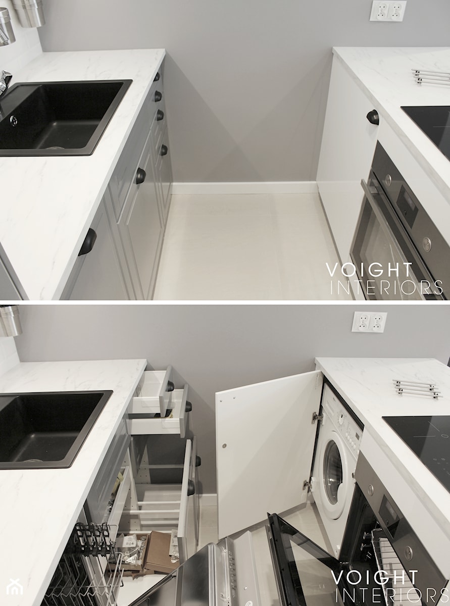 Zdjęcia z metamorfozy mieszkania 36m2 w Warszawie - Mała otwarta zamknięta szara z zabudowaną lodówką z nablatowym zlewozmywakiem kuchnia jednorzędowa dwurzędowa, styl nowoczesny - zdjęcie od Voight Interiors