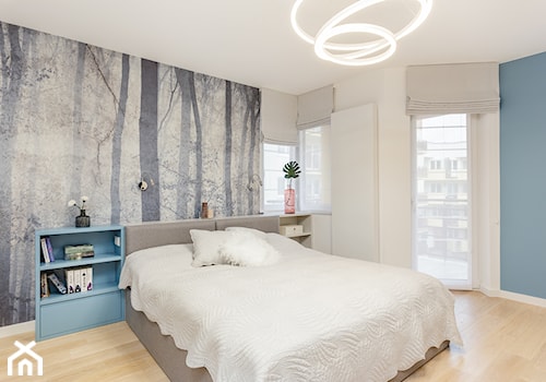 Apartament na Ursynowie 110m2 - Duża biała niebieska sypialnia, styl nowoczesny - zdjęcie od MODIFY - Architektura Wnętrz