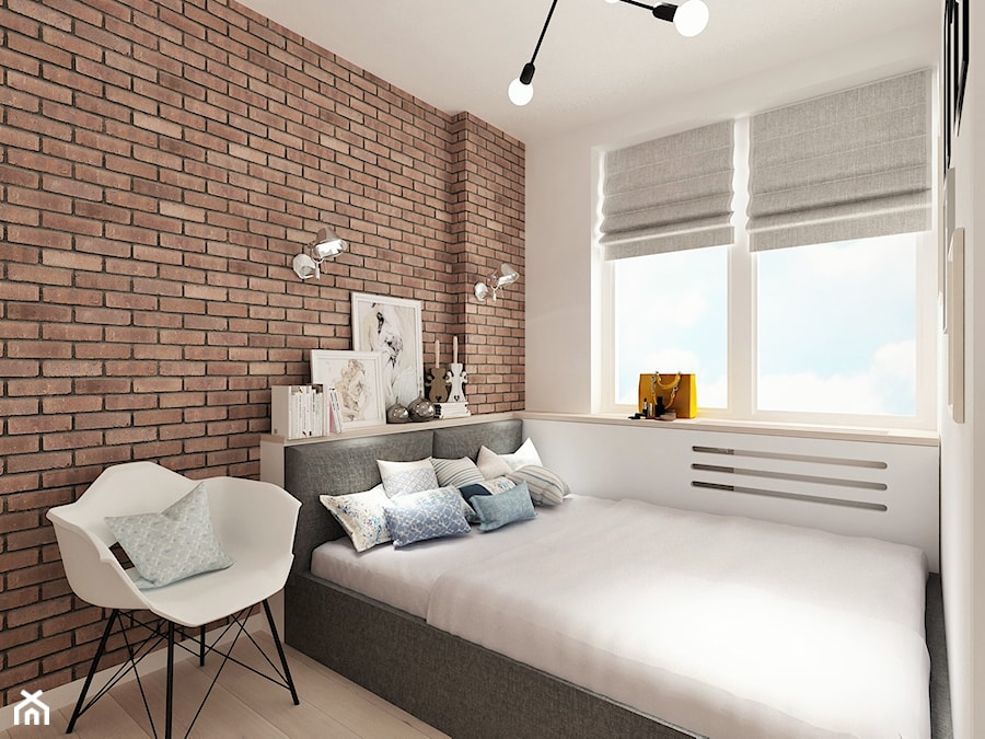 Projekt małego mieszkania - Warszawa Śródmieście - Średnia biała czerwona sypialnia, styl skandynawski - zdjęcie od MODIFY - Architektura Wnętrz