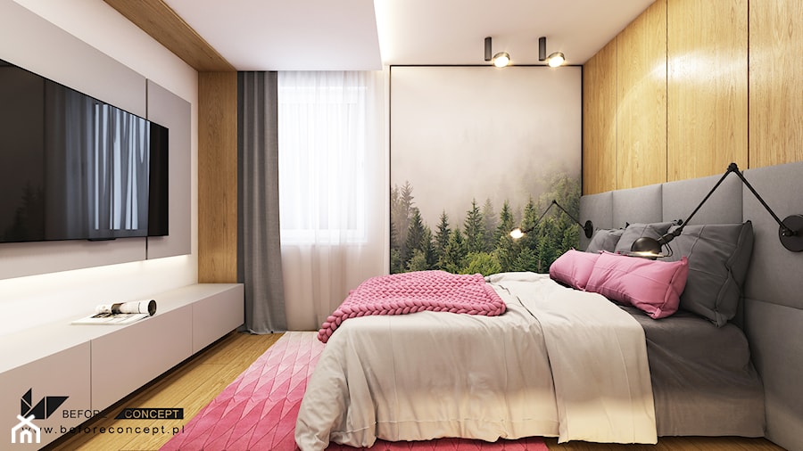 Kolejny projekt mieszkania w Krakowie - Duża szara sypialnia, styl nowoczesny - zdjęcie od ICONDESIGN