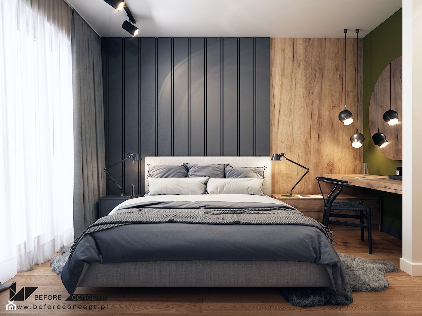 Klimatyczne mieszkanie w Krakowie 3 - Średnia beżowa czarna z biurkiem sypialnia, styl nowoczesny - zdjęcie od BEFORECONCEPT - Homebook