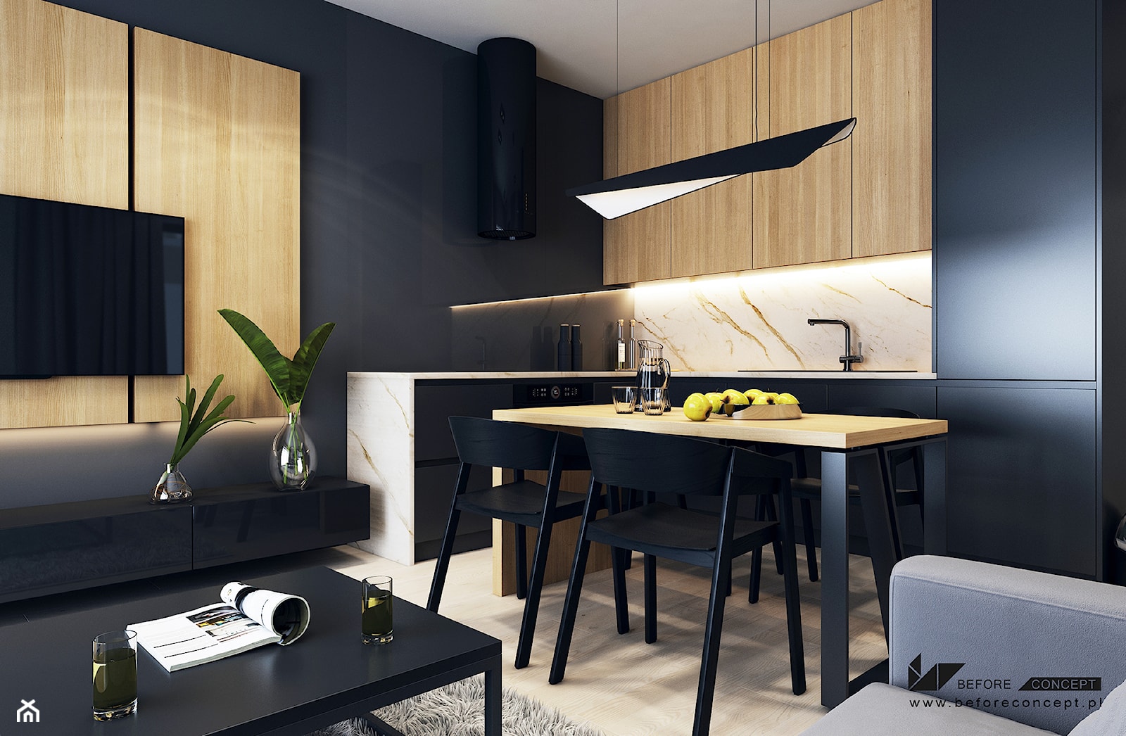 Projekt mieszkania w Olsztynie - Mała beżowa brązowa czarna jadalnia w kuchni, styl industrialny - zdjęcie od ICONDESIGN - Homebook