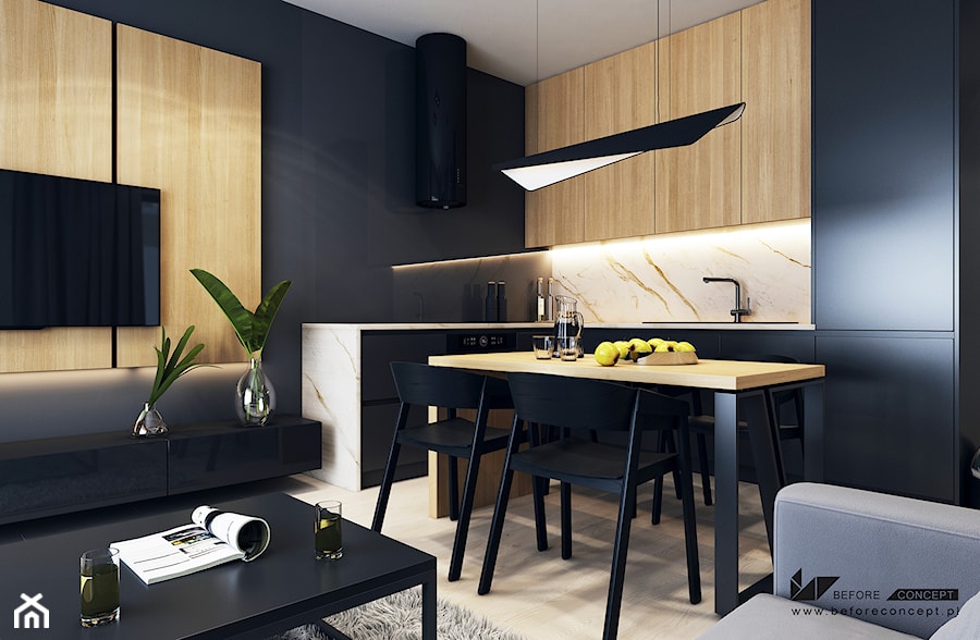 Projekt mieszkania w Olsztynie - Mała beżowa brązowa czarna jadalnia w kuchni, styl industrialny - zdjęcie od BEFORECONCEPT