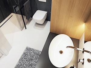 Projekt mieszkania w Olsztynie - Mała na poddaszu bez okna z marmurową podłogą łazienka - zdjęcie od ICONDESIGN