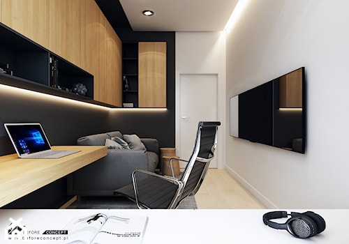 Projekt mieszkania w Olsztynie - Średnie w osobnym pomieszczeniu z sofą z zabudowanym biurkiem białe czarne biuro - zdjęcie od ICONDESIGN