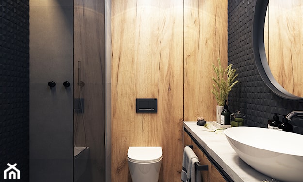czarna łazienka z drewnem