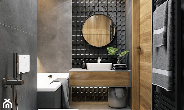 czarna łazienka z drewnem
