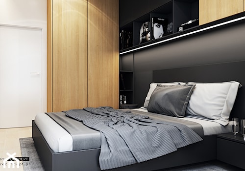 Projekt mieszkania w Olsztynie - Mała beżowa biała czarna sypialnia - zdjęcie od ICONDESIGN