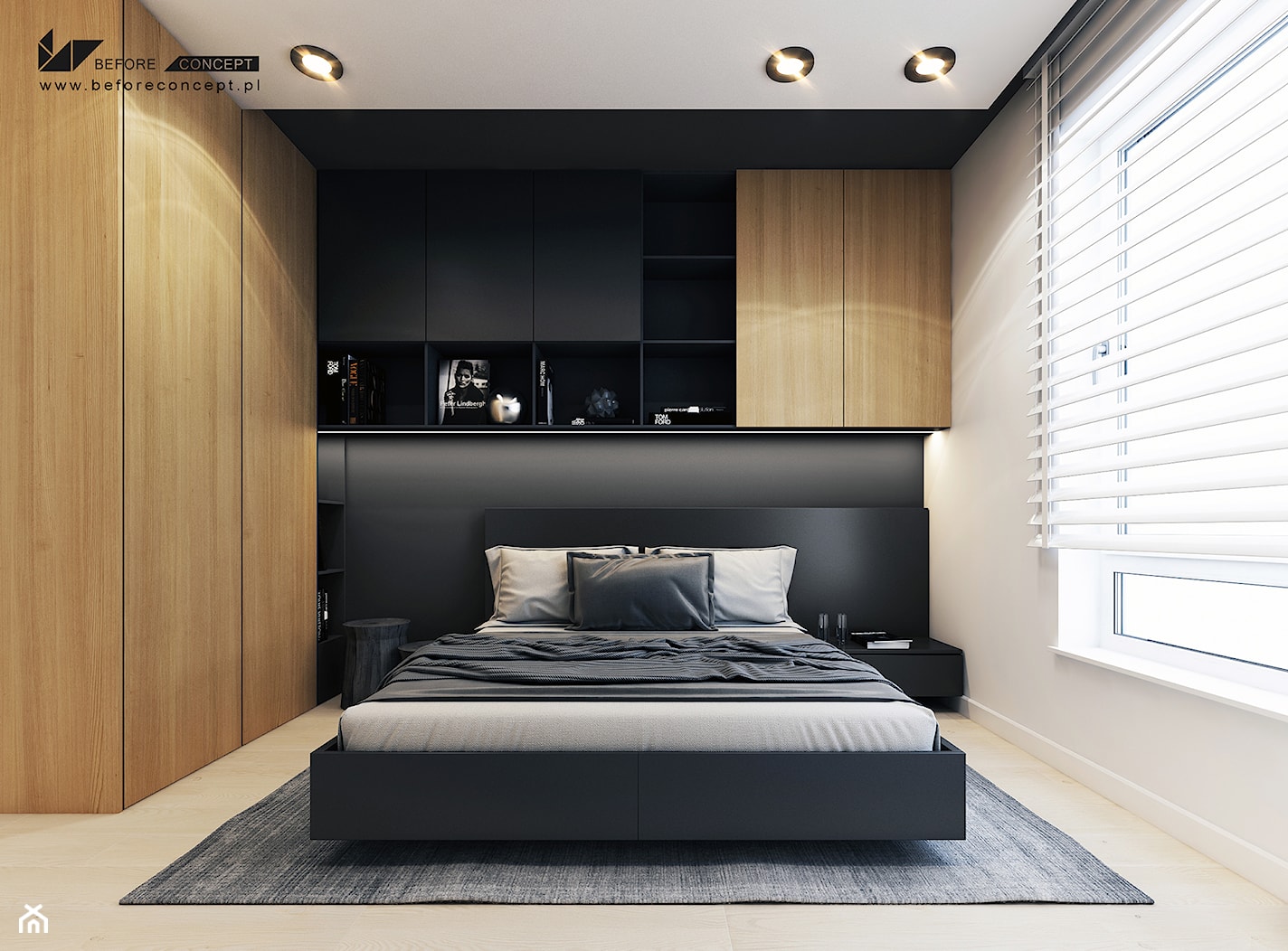 Projekt mieszkania w Olsztynie - Średnia biała czarna sypialnia - zdjęcie od BEFORECONCEPT - Homebook