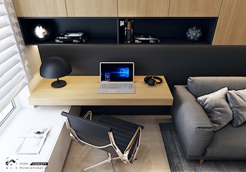Projekt mieszkania w Olsztynie - Małe w osobnym pomieszczeniu z sofą z zabudowanym biurkiem białe cz ... - zdjęcie od BEFORECONCEPT