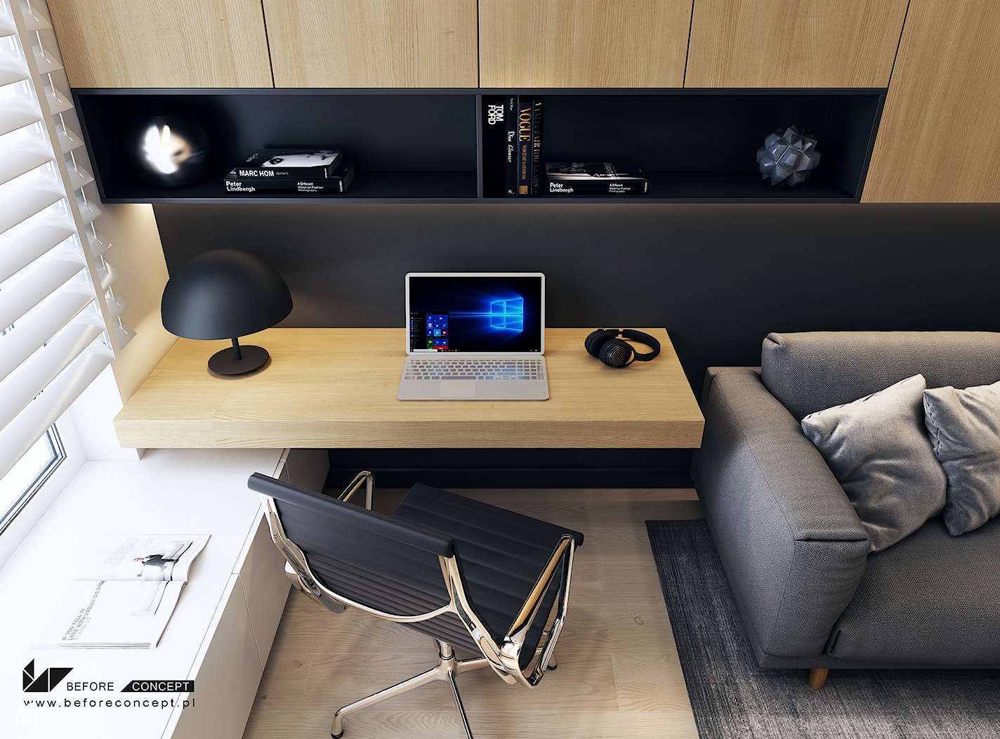Projekt mieszkania w Olsztynie - Małe w osobnym pomieszczeniu z sofą z zabudowanym biurkiem białe cz ... - zdjęcie od BEFORECONCEPT - Homebook