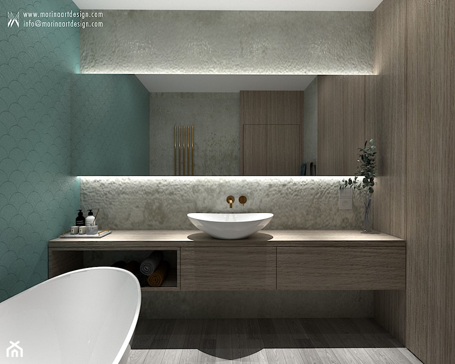 Łazienka w neutralnych kolorach, złota armatura, turkusowe płytki - zdjęcie od MORINAartdesign