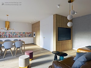 Salon z aneksem kuchennym, kolorowe akcenty, biel i drewno - zdjęcie od MORINAartdesign
