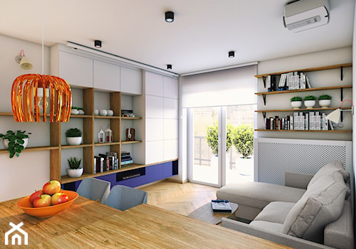 Mieszkanie dla artystów - Średni beżowy salon z jadalnią z tarasem / balkonem z bibiloteczką, styl nowoczesny - zdjęcie od Boho Studio