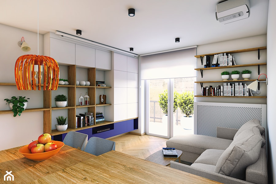 Mieszkanie dla artystów - Średni beżowy salon z jadalnią z tarasem / balkonem z bibiloteczką, styl nowoczesny - zdjęcie od Boho Studio