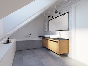 Dom jednorodzinny w stylu loftowym - Średnia na poddaszu z lustrem z dwoma umywalkami łazienka z oknem, styl industrialny - zdjęcie od Boho Studio