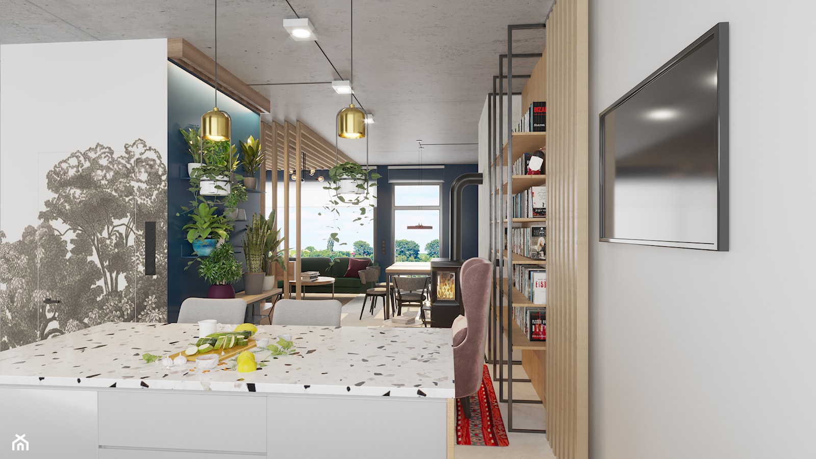 Kontrastowe wnętrze domu pod Warszawą. - Średnia szara turkusowa jadalnia w kuchni, styl industrialny - zdjęcie od Boho Studio - Homebook