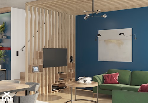 Kontrastowe wnętrze domu pod Warszawą. - Średni niebieski szary salon z jadalnią, styl nowoczesny - zdjęcie od Boho Studio