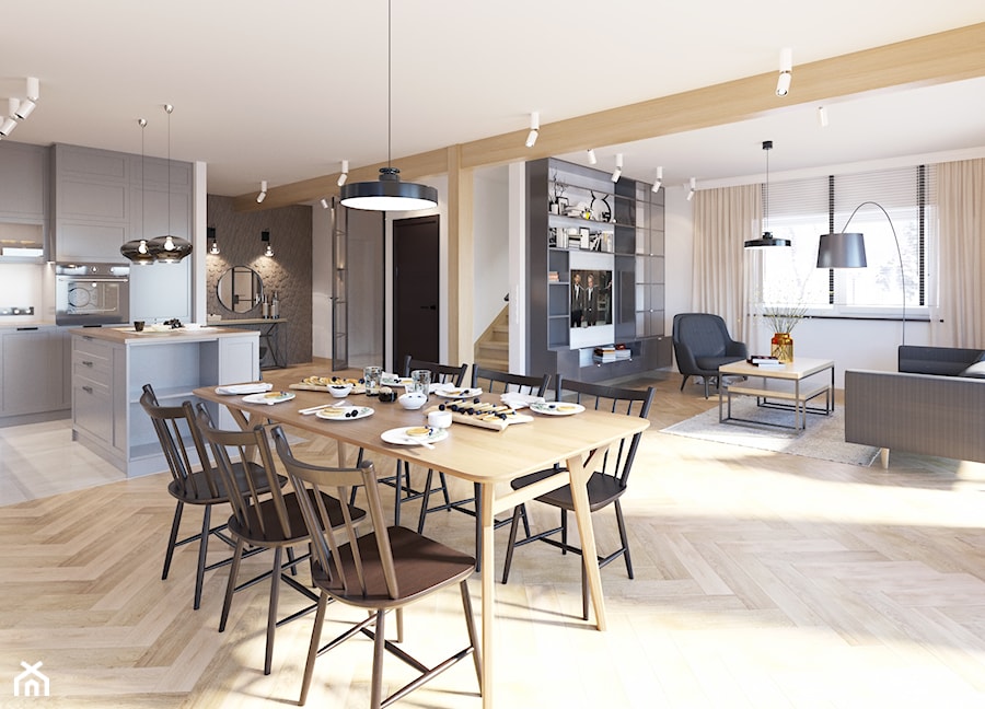 Dom jednorodzinny w stylu loftowym - Duży biały salon z kuchnią z jadalnią z bibiloteczką, styl industrialny - zdjęcie od Boho Studio