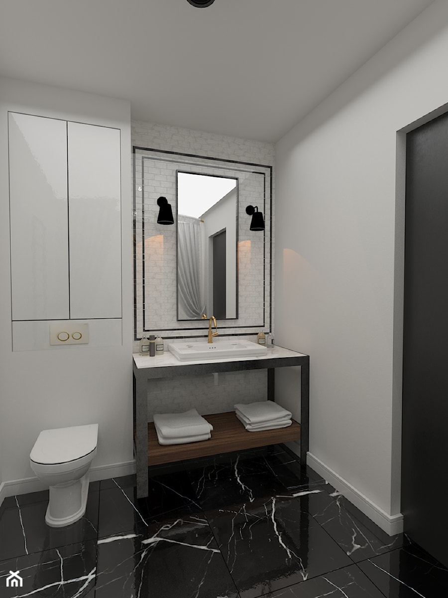 Mid-Century Modern - Średnia bez okna z lustrem z marmurową podłogą łazienka, styl vintage - zdjęcie od Boho Studio