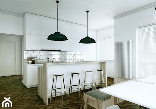 Mieszkanie w kamienicy w Poznaniu - Średnia otwarta z salonem biała kuchnia jednorzędowa z wyspą lub półwyspem, styl tradycyjny - zdjęcie od Boho Studio