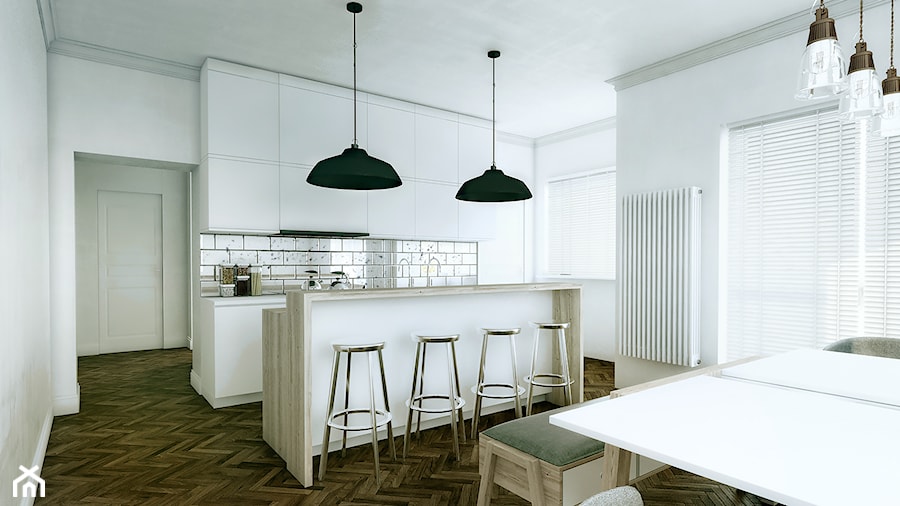 Mieszkanie w kamienicy w Poznaniu - Średnia otwarta z salonem biała kuchnia jednorzędowa z wyspą lub półwyspem, styl tradycyjny - zdjęcie od Boho Studio