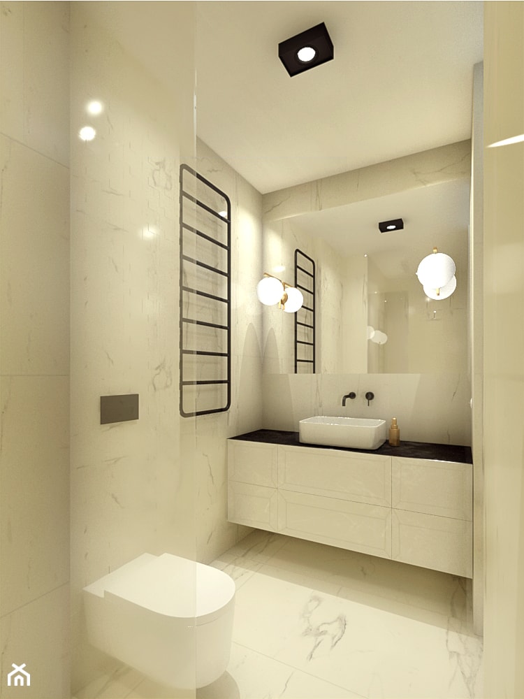 Luksusowy apartament w kamienicy - Mała bez okna z lustrem z punktowym oświetleniem łazienka, styl minimalistyczny - zdjęcie od Boho Studio