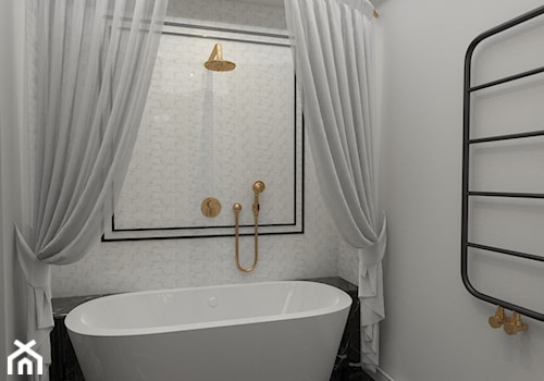 Mid-Century Modern - Mała bez okna z marmurową podłogą z punktowym oświetleniem łazienka, styl vintage - zdjęcie od Boho Studio