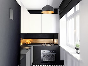 Luksusowy apartament w kamienicy - Średnia zamknięta z kamiennym blatem biała czarna z zabudowaną lodówką z podblatowym zlewozmywakiem kuchnia w kształcie litery l z oknem, styl nowoczesny - zdjęcie od Boho Studio
