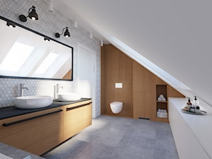 Dom jednorodzinny w stylu loftowym - Średnia na poddaszu z lustrem z dwoma umywalkami z punktowym oświetleniem łazienka z oknem, styl industrialny - zdjęcie od Boho Studio