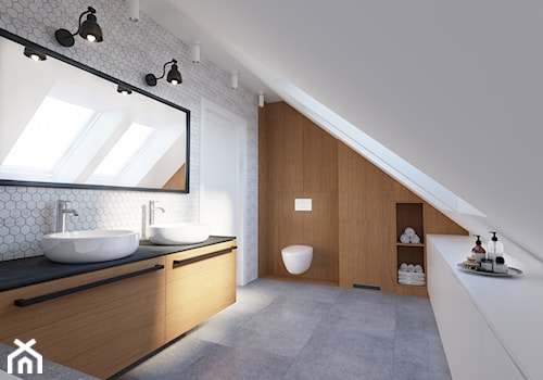 Dom jednorodzinny w stylu loftowym - Średnia na poddaszu z lustrem z dwoma umywalkami z punktowym oświetleniem łazienka z oknem, styl industrialny - zdjęcie od Boho Studio