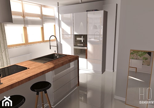 Open Floor Home Design / 2013 - Średnia biała z zabudowaną lodówką z nablatowym zlewozmywakiem kuchnia z wyspą lub półwyspem - zdjęcie od Damian Widowski HOME / DESIGN LOVE BLOG