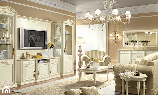 białe meble w salonie w stylu klasycznym 