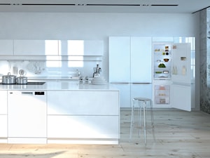 Lodówki - Duża z kamiennym blatem biała z zabudowaną lodówką z podblatowym zlewozmywakiem kuchnia jednorzędowa z wyspą lub półwyspem z oknem z kompozytem na ścianie nad blatem kuchennym, styl skandynawski - zdjęcie od Beko