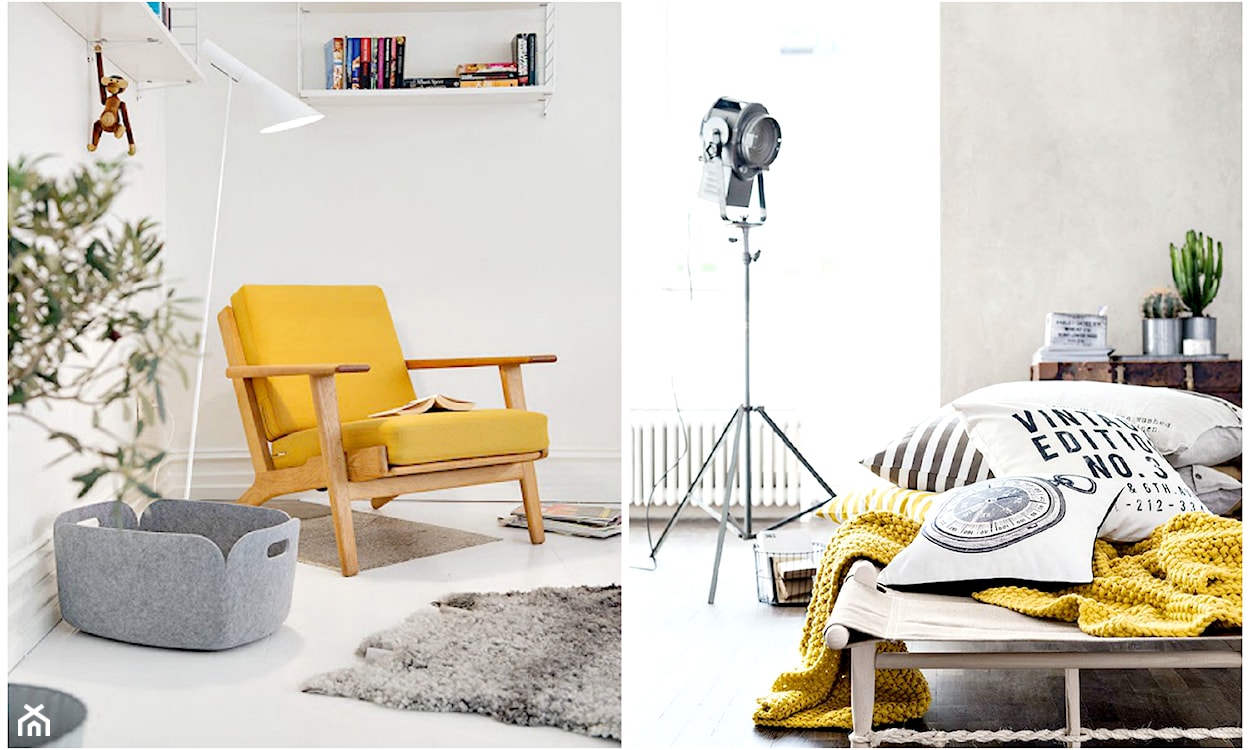 żółty fotel na drewnianych nogach, szary dywan, kosz z szarego filcu