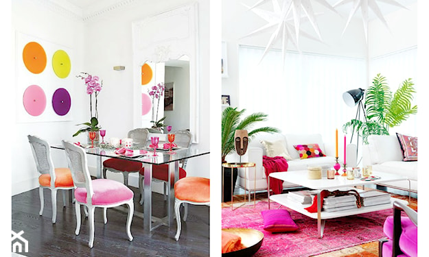 różowy dywan, biały stolik na metalowych nogach, szklany stół na metalowych nogach, kolorowe kropki na ścianie