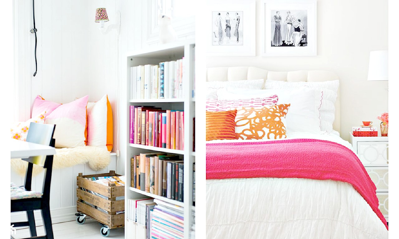 biała sypialnia, skrzynia po owocach na kółkach, różowa narzuta, biała półka na książki