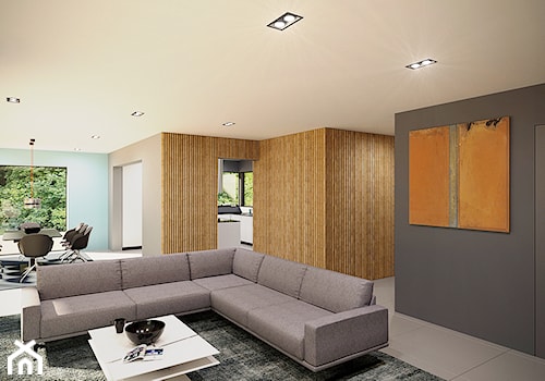 dom jednorodzinny salon | kuchnia | jadalnia | 70 m2 / - Średni biały szary salon z jadalnią, styl nowoczesny - zdjęcie od duDesign | concept&design