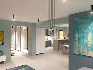 wnętrze domu jednorodzinnego - fragment | 62 m2 - Średni szary salon z kuchnią z jadalnią, styl nowoczesny - zdjęcie od duDesign | concept&design