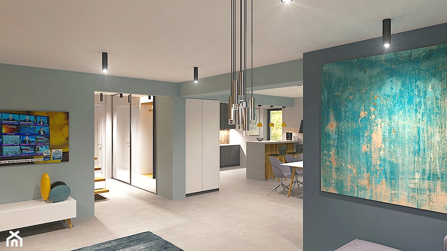 wnętrze domu jednorodzinnego - fragment | 62 m2 - Średni szary salon z kuchnią z jadalnią, styl nowoczesny - zdjęcie od duDesign | concept&design