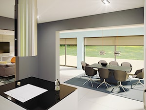 dom jednorodzinny salon | kuchnia | jadalnia | 70 m2 / - Duża biała niebieska szara jadalnia jako osobne pomieszczenie, styl nowoczesny - zdjęcie od duDesign | concept&design