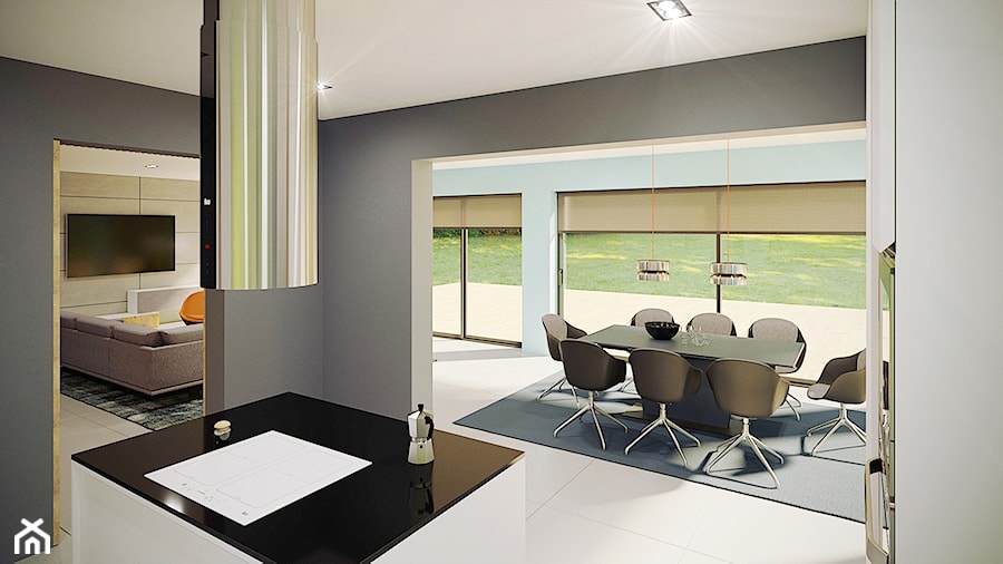 dom jednorodzinny salon | kuchnia | jadalnia | 70 m2 / - Duża biała niebieska szara jadalnia jako osobne pomieszczenie, styl nowoczesny - zdjęcie od duDesign | concept&design