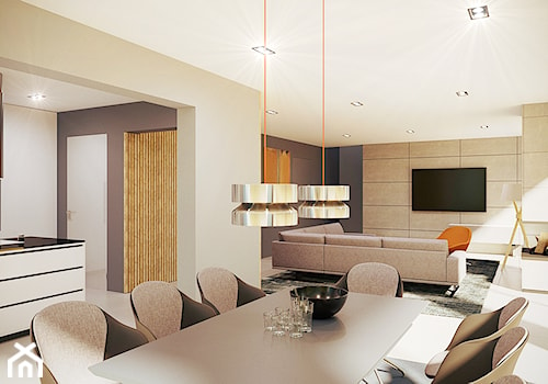 dom jednorodzinny salon | kuchnia | jadalnia | 70 m2 / - Duża beżowa biała szara jadalnia w salonie - zdjęcie od duDesign | concept&design