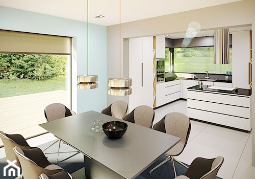 dom jednorodzinny salon | kuchnia | jadalnia | 70 m2 / - Średnia beżowa biała jadalnia jako osobne pomieszczenie, styl nowoczesny - zdjęcie od duDesign | concept&design