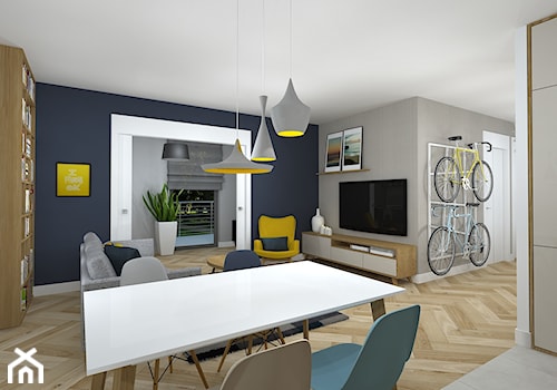 rowerowe mieszkanie - Średnia biała niebieska szara jadalnia w salonie, styl nowoczesny - zdjęcie od RedCubeDesign projektowanie wnętrz