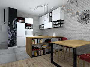 mieszkanie w loftowym klimacie - Średnia otwarta z salonem biała z zabudowaną lodówką kuchnia w kształcie litery u, styl industrialny - zdjęcie od RedCubeDesign projektowanie wnętrz