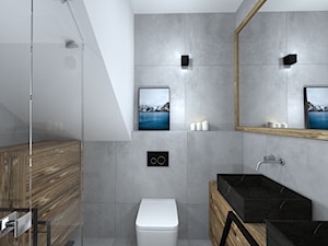 wszystkie odcienie grafitowej szarości - Mała na poddaszu bez okna z lustrem z dwoma umywalkami łazienka, styl nowoczesny - zdjęcie od RedCubeDesign projektowanie wnętrz