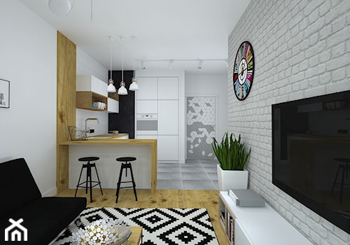 35-metrowe mieszkanko do wynajęcia - Średnia otwarta z salonem biała z zabudowaną lodówką z podblatowym zlewozmywakiem kuchnia w kształcie litery u, styl skandynawski - zdjęcie od RedCubeDesign projektowanie wnętrz
