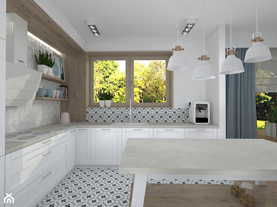 Duża otwarta biała kuchnia w kształcie litery l z oknem, styl skandynawski - zdjęcie od RedCubeDesign projektowanie wnętrz